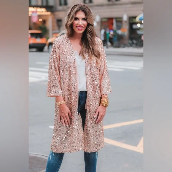 Rose Gold Sequin Duster Kimono - various sizes: S/M, L/XL, 2X/3X Boutique Brand - Picture 1 of 2